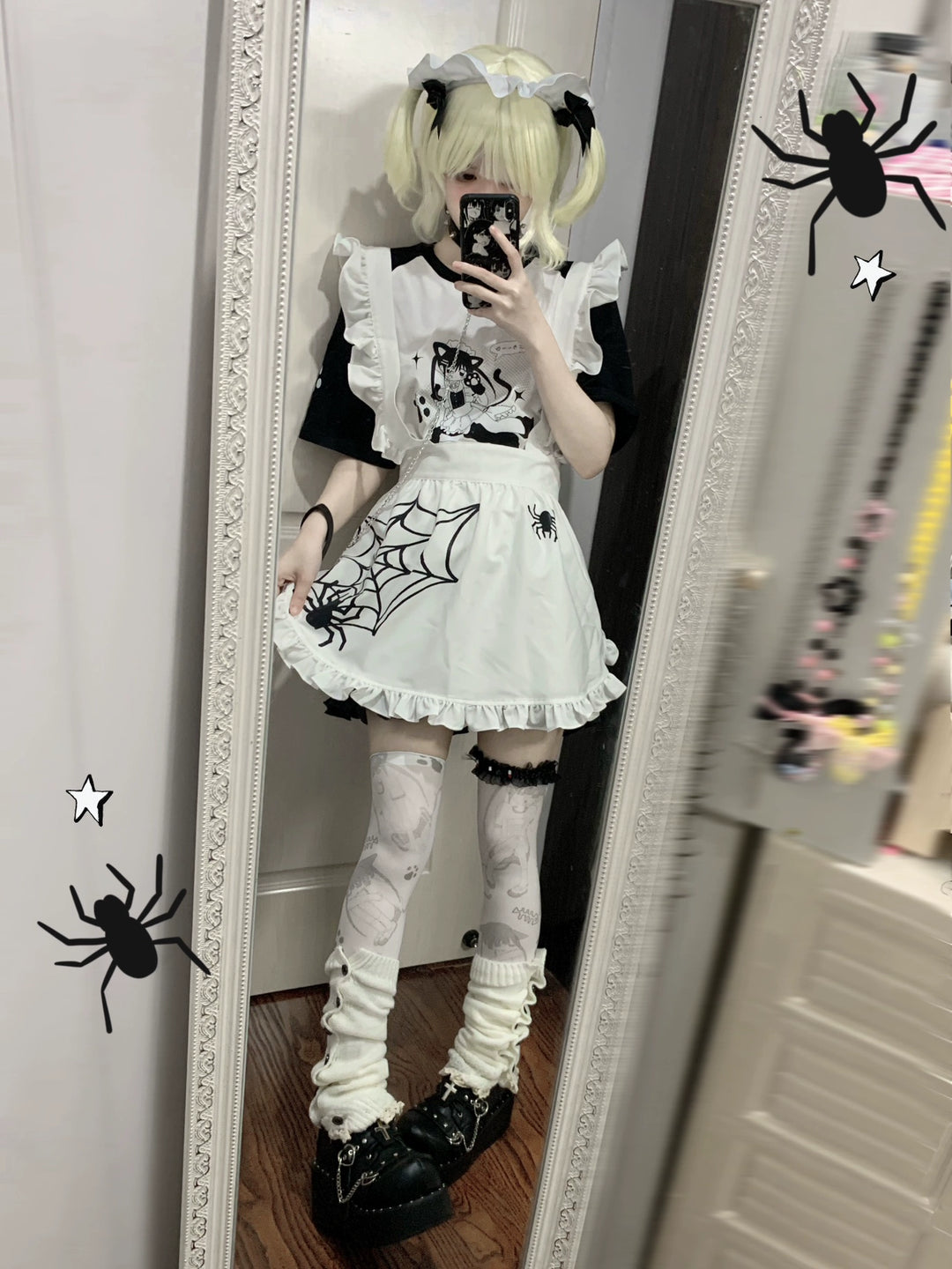 Yami Kawaii Apron Spider Wet Print White Pinafore 37276:553696