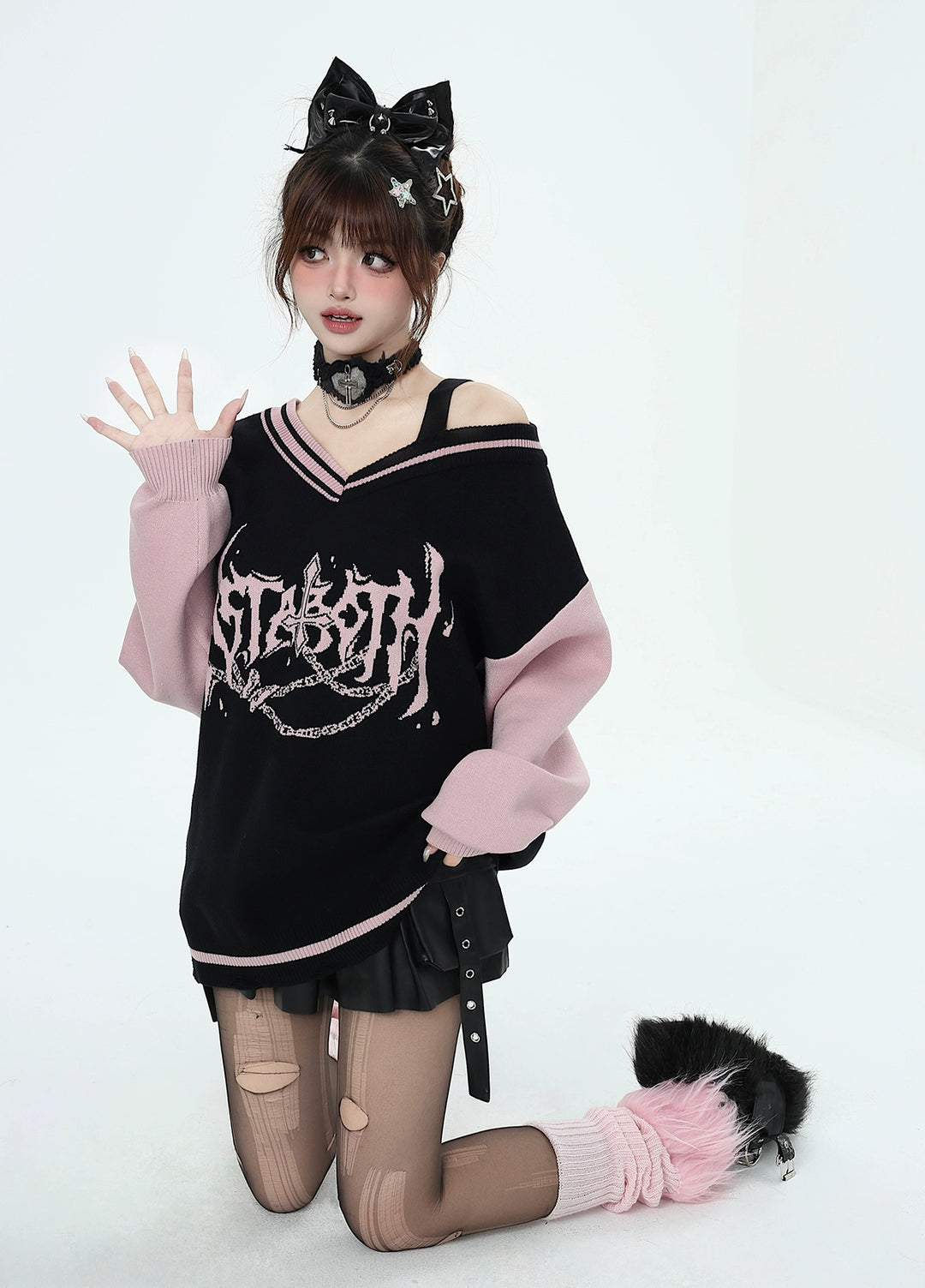 Y2K Sweater Gyaru V-neck Black-Pink Sweater For Winter 41790:713700