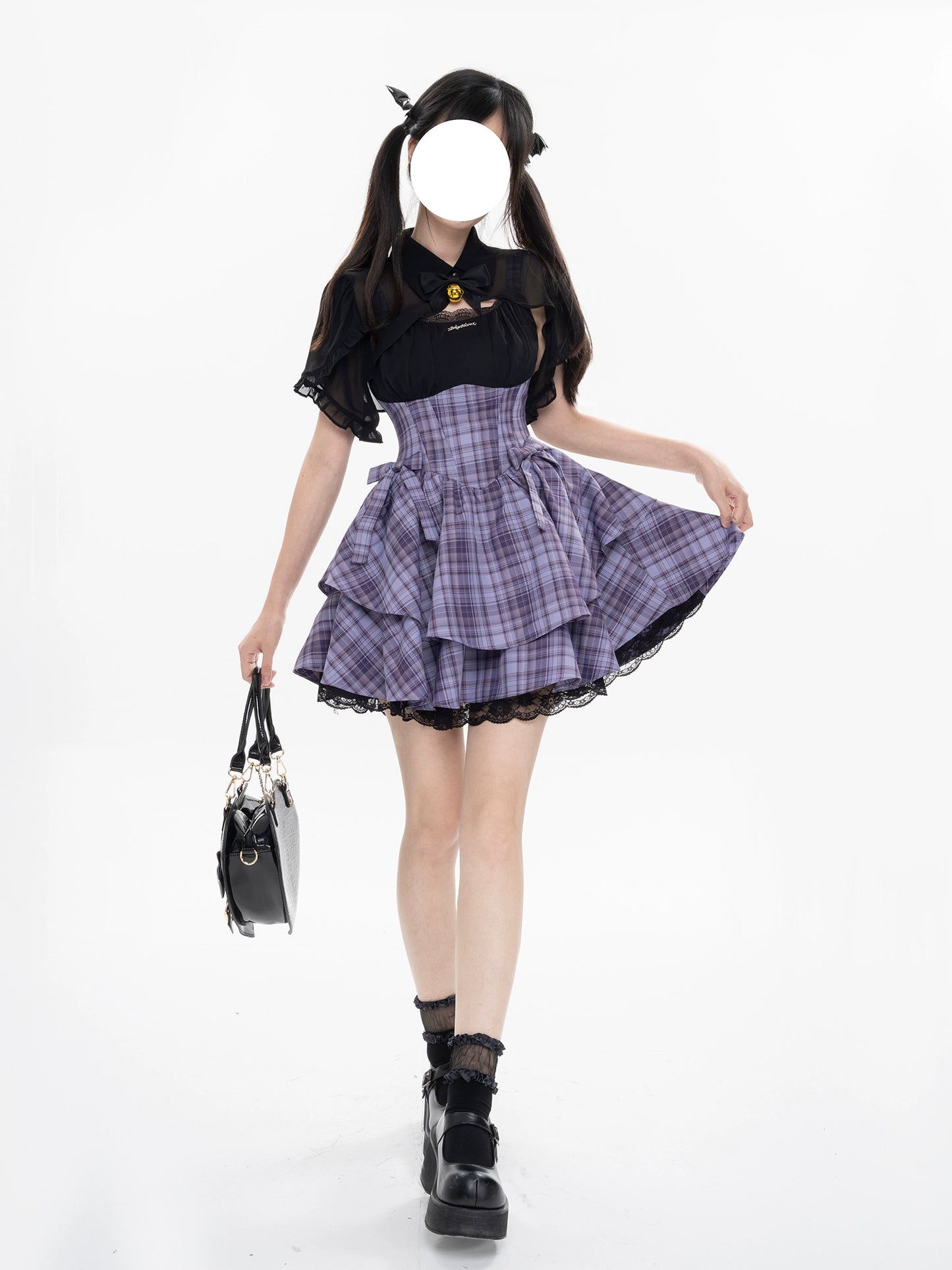 Kawaii Purple Plaid Onepiece Dress Black Bolero 22508:323408 22508:323408