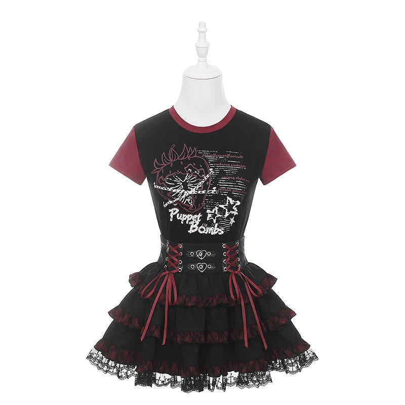 Punk Strawberry and Chain Print T-shirt, Red Plaid Skirt 45365:851379