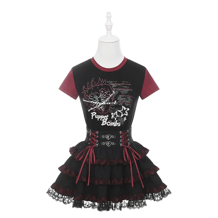 Punk Strawberry and Chain Print T-shirt, Red Plaid Skirt 45365:851379