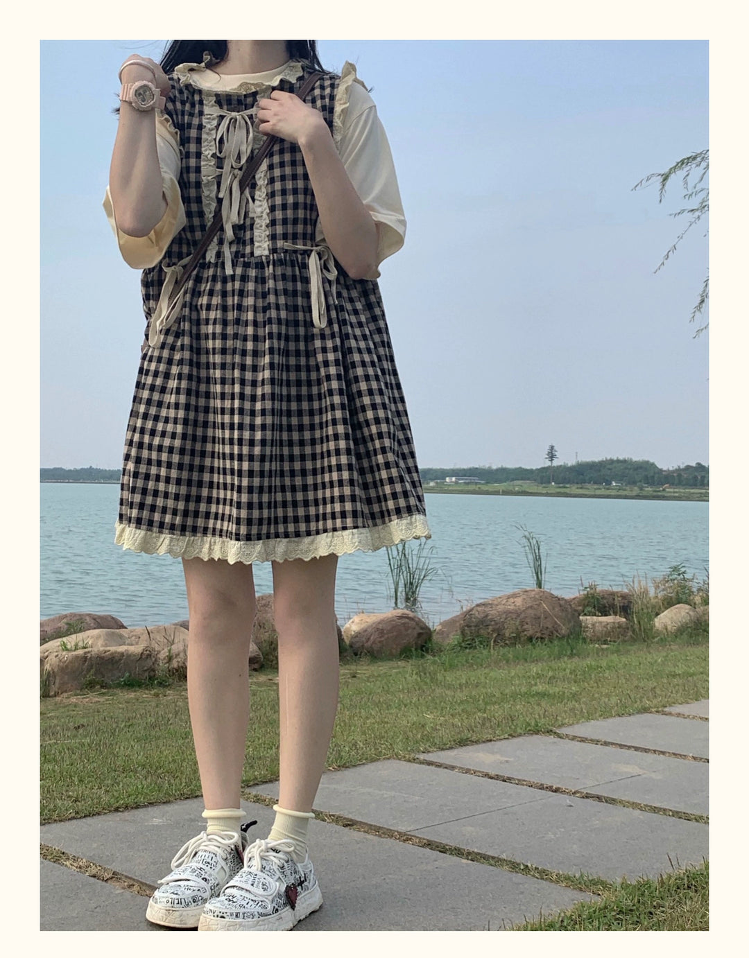 Kawaii Dress Mori Kei Dress Plaid Vest Dress Cotton Linen Dress 36450:523354 36450:523354