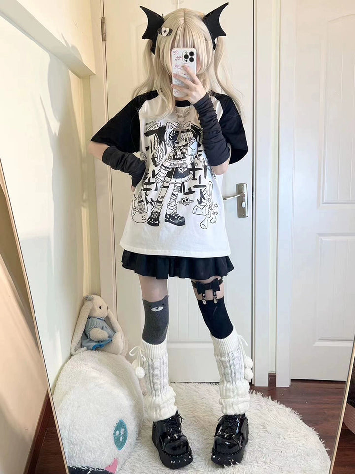 Subculture Shirt Black White Raglan Sleeve T-shirt Anime Top 37742:579330