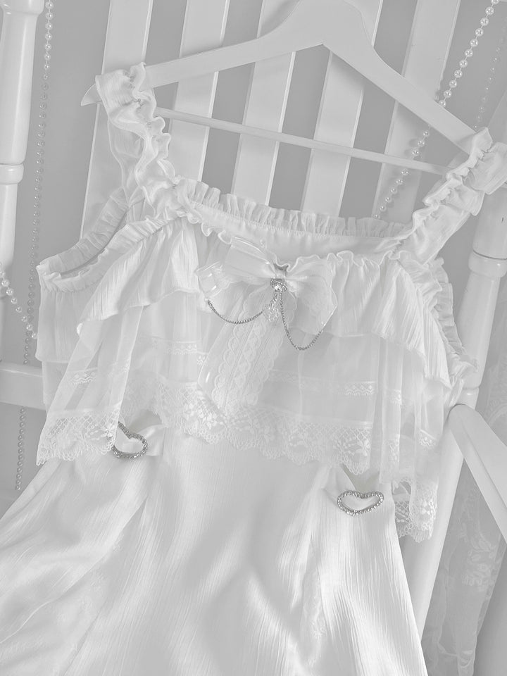 Solid White Jirai Kei Dress With Bust Sheer Overlay 43299:772973