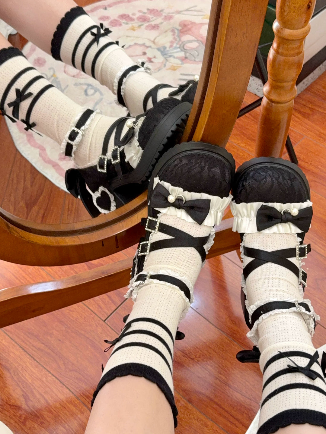 Classic Lolita Mary Jane Shoes, Lace Tulle & Ribbon Bow 46012:873460
