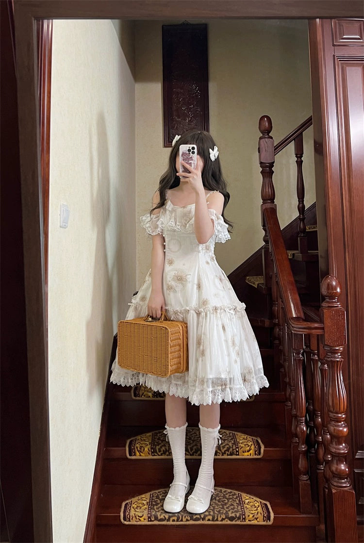 Lolita Dress Sunflower Print JSK White Strap Lolita Dress 36480:545962