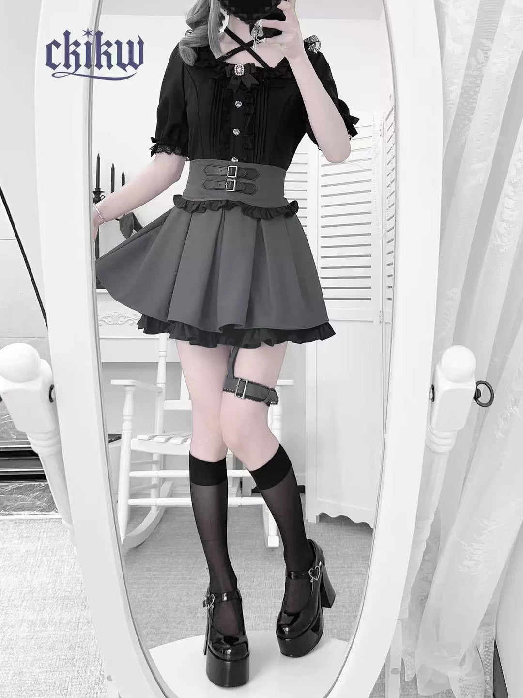 Lace Square Neck Jirai Kei Blouse, Detachable Rhinestone Bow 43611:780663