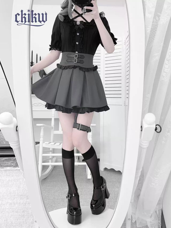 Lace Square Neck Jirai Kei Blouse, Detachable Rhinestone Bow 43611:780663