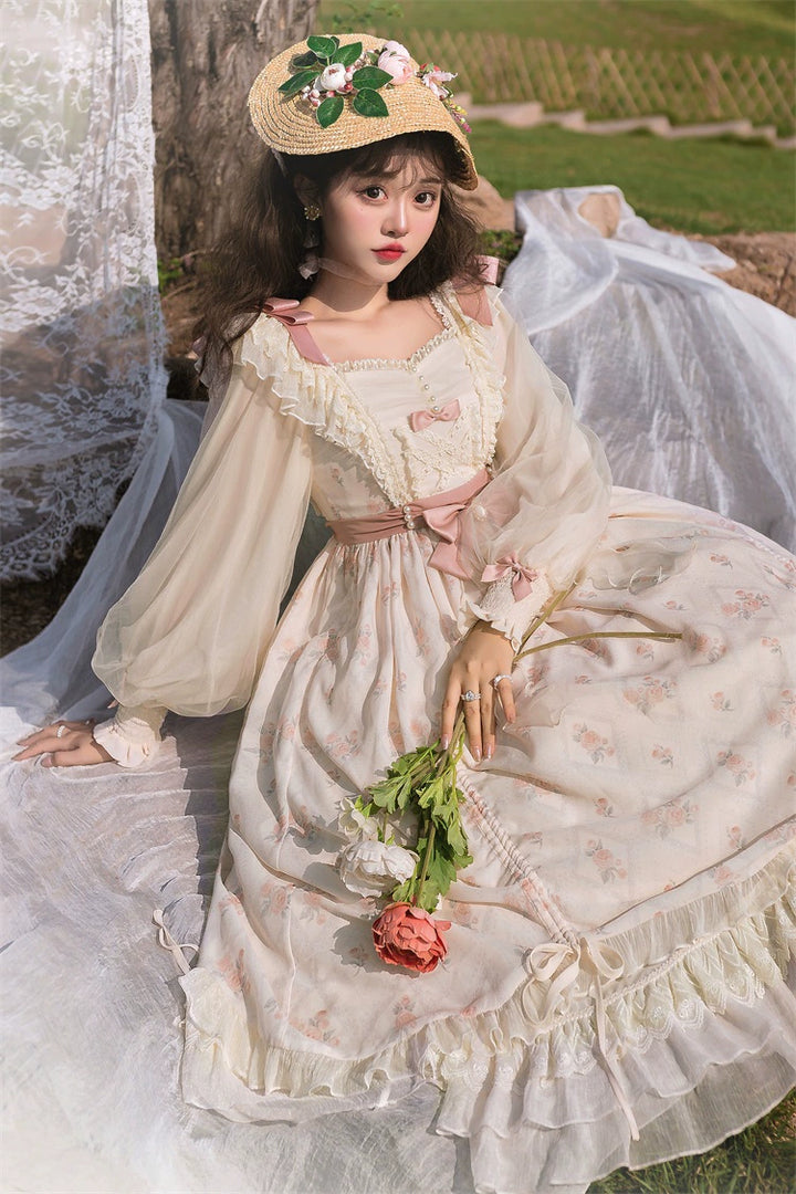 Elegant Lolita Dress Cottagecore Dress Long-Sleeved Beige Dress 36470:515892 36470:515892