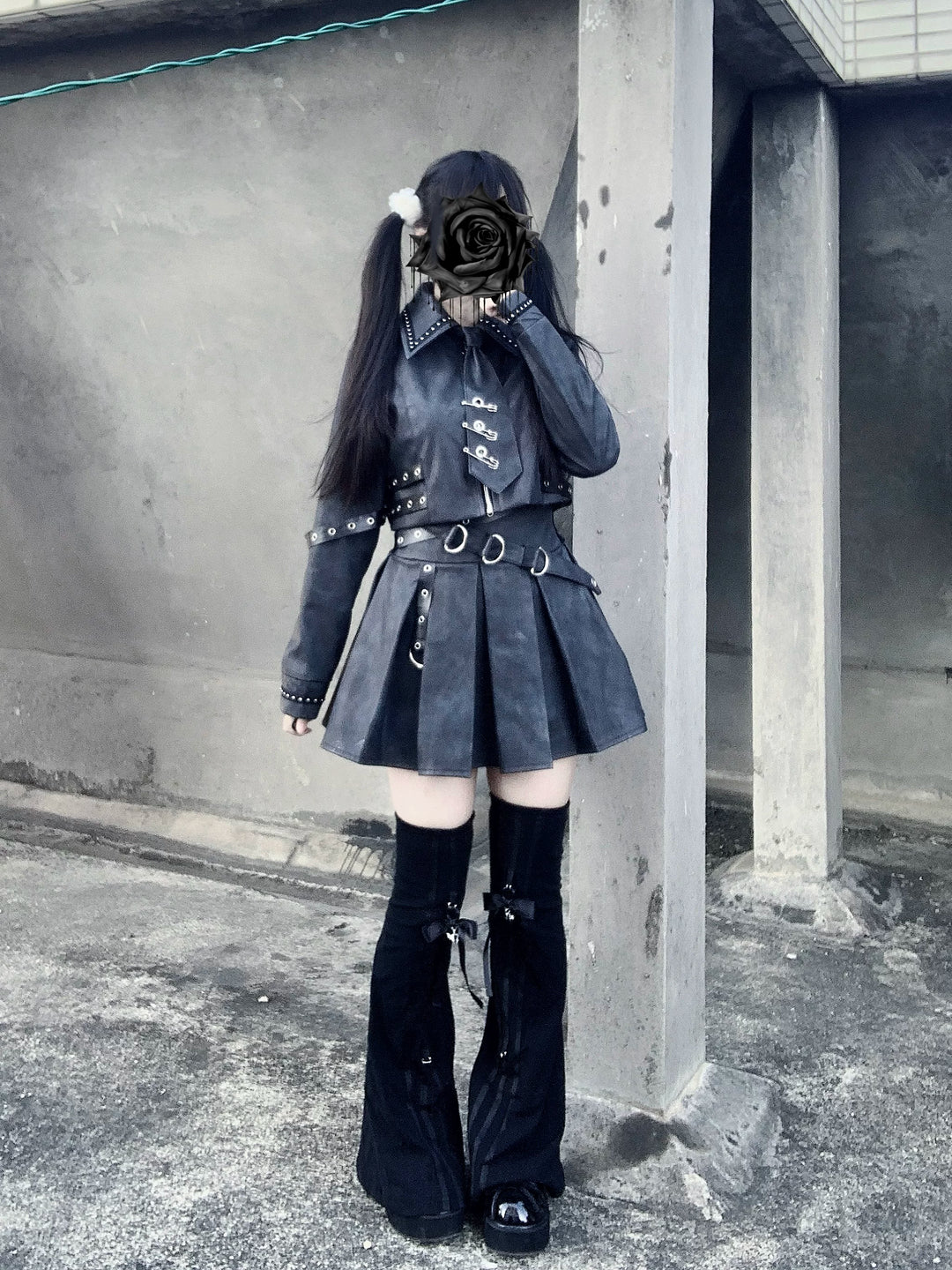 Punk Style PU Jacket, Pleated Skirt 44568:816008