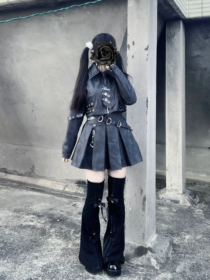 Punk Style PU Jacket, Pleated Skirt 44568:816008