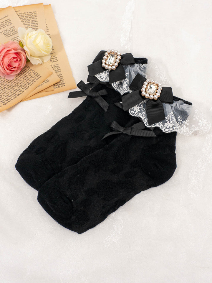 Kawaii Jirai Kei Ribbon White Black Lace Socks 21588:309934