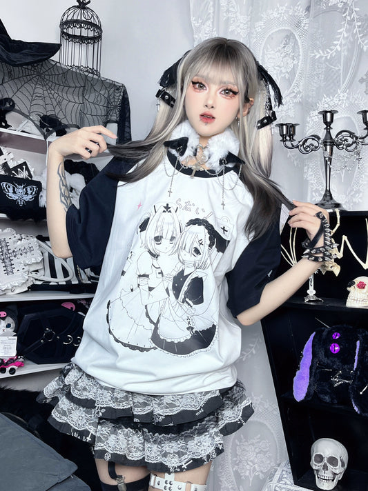 Yami Kawaii T-shirt Black White Subculture Cotton T-shirt 35690:502438