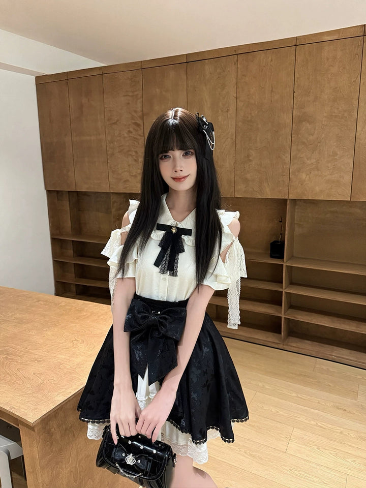 Seiso Kei Ruffled Shoulder Blouse, Butterfly Pattern Skirt 45622:858759