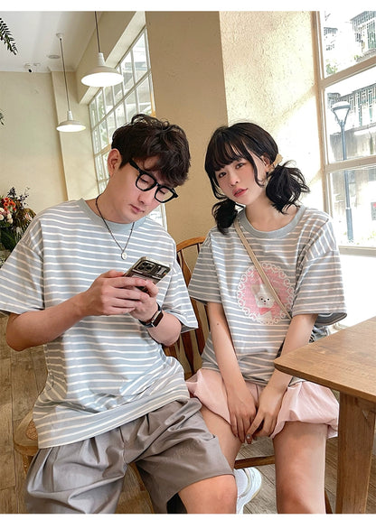 Kawaii Aesthetic Shirt Striped Short Sleeve Cotton Top 36562:518448