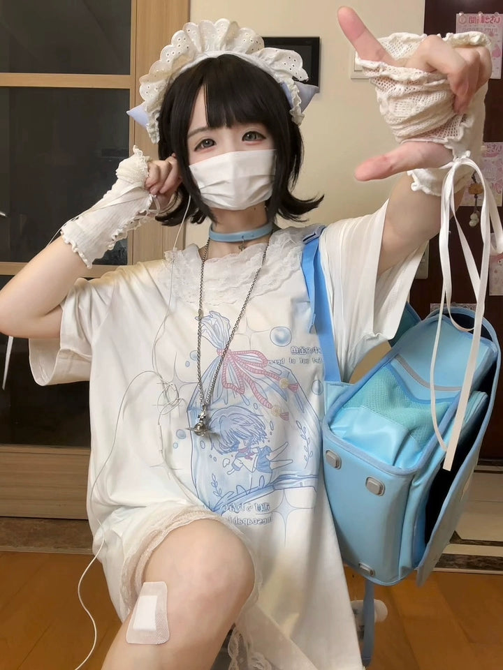 Tenshi Kaiwai Cotton Long T-Shirt, Lace Hem 43687:782923