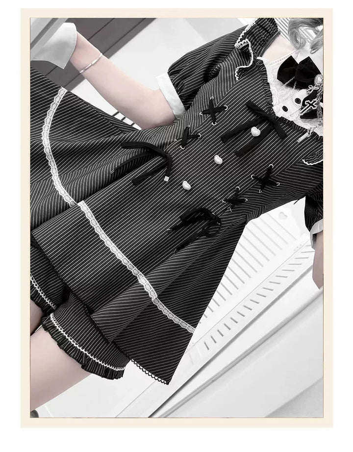 Jirai Kei Set Up, Striped Open-Shoulder Dress + Elastic Shorts 43545:779003
