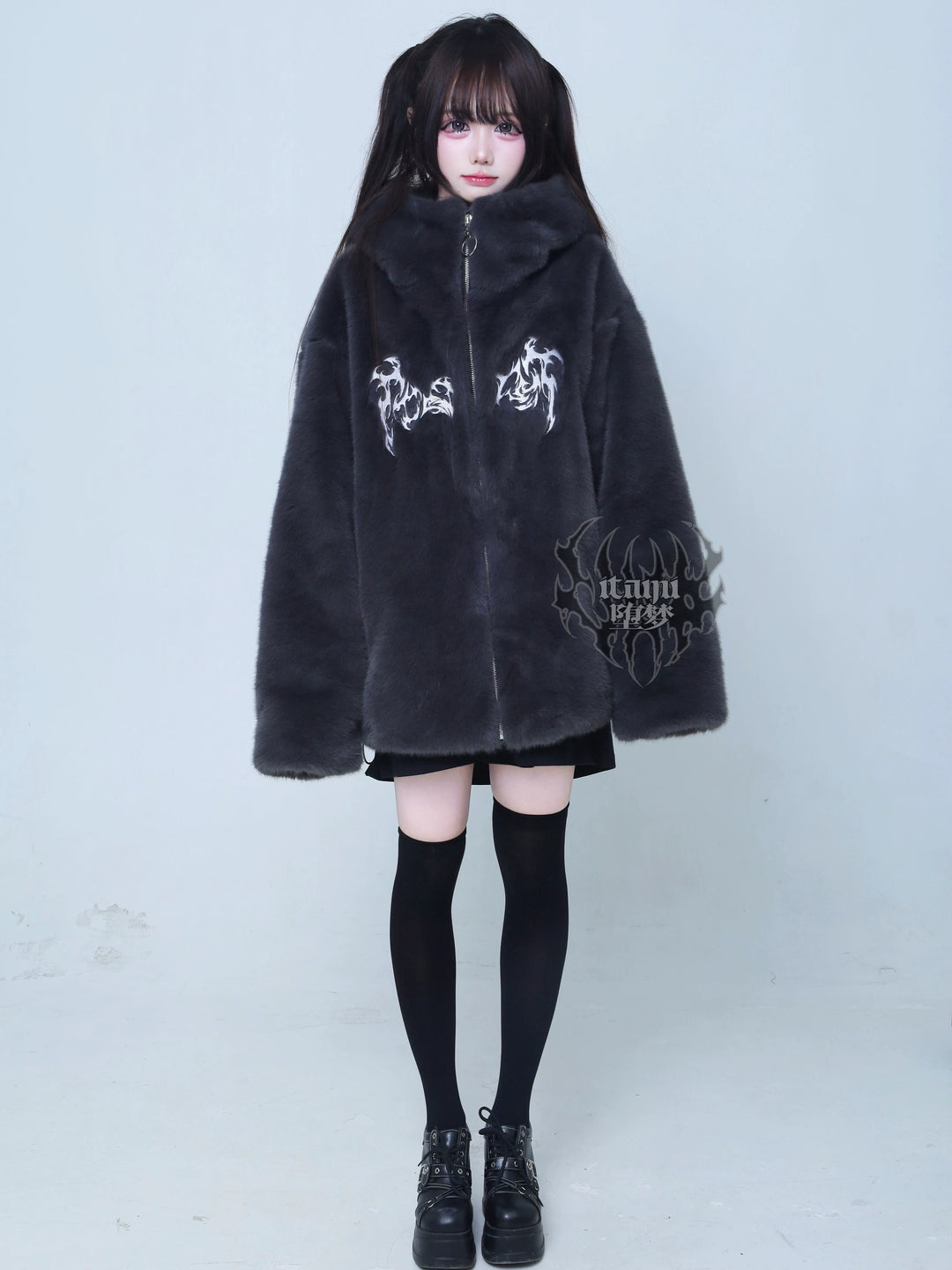 Gothic Gray Faux Fur Coat, Oversized 44519:812181