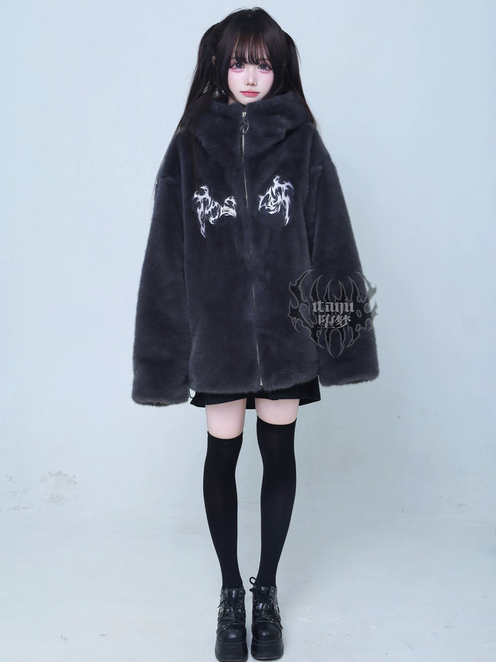 Gothic Gray Faux Fur Coat, Oversized 44519:812181