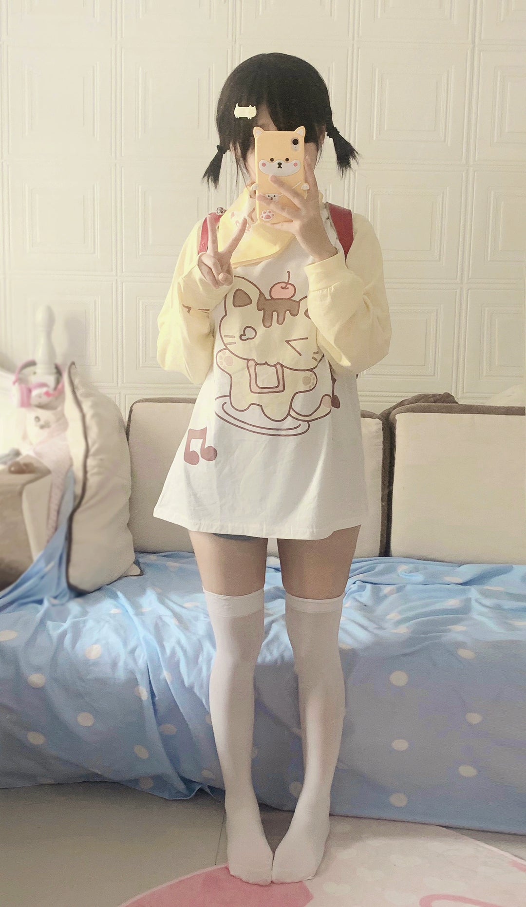 Kawaii Creamy Yellow Raglan Sleeve Long T-shirt Hoodie 22668:338336 22668:338336