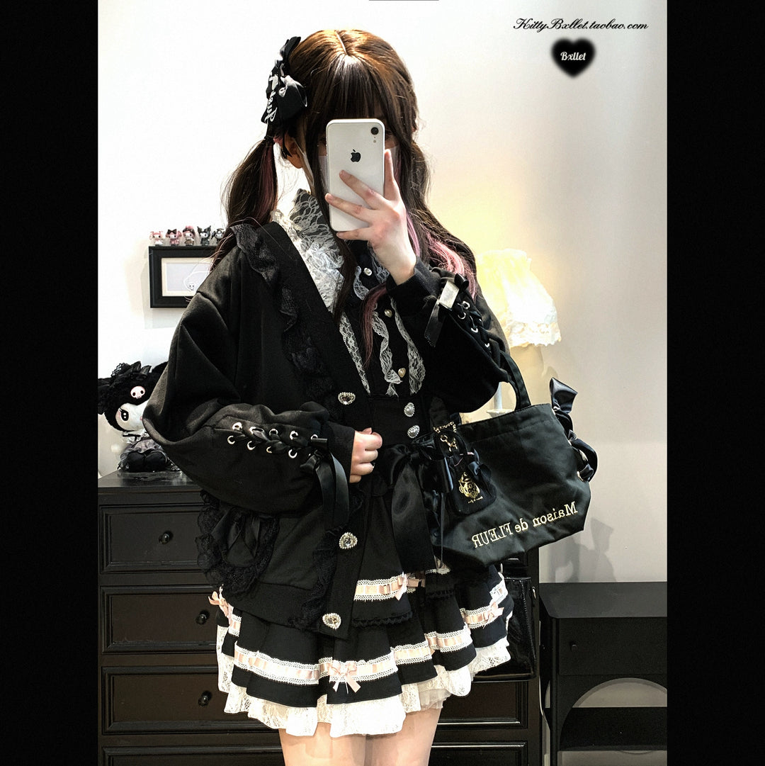Ryousangata Sweatshirt Cardigan, Ruffled Lace 43732:783890