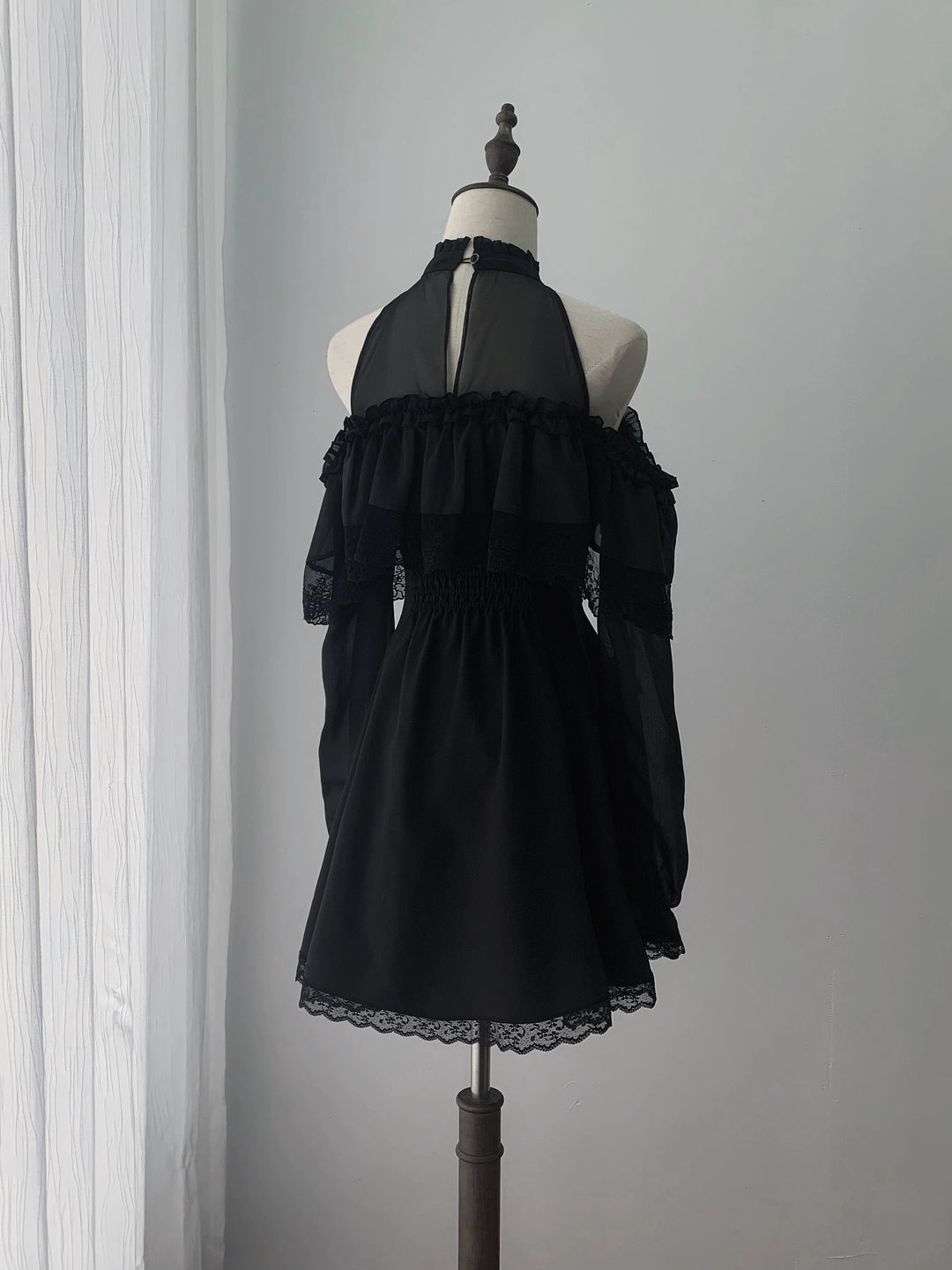 Black Seiso Kei Lace Long Sleeve Dress, Sheer Neckline 45806:863261