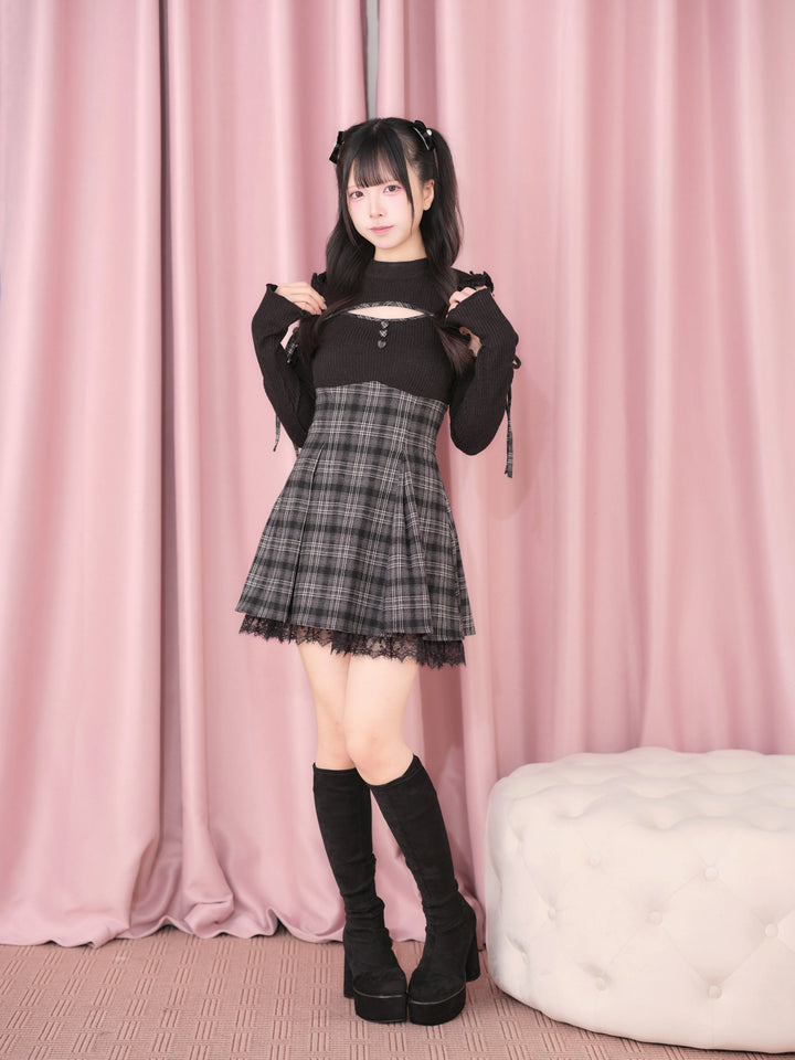 Jirai Kei Open Shoulder Plaid Dress, Chest Cutout 45957:869816