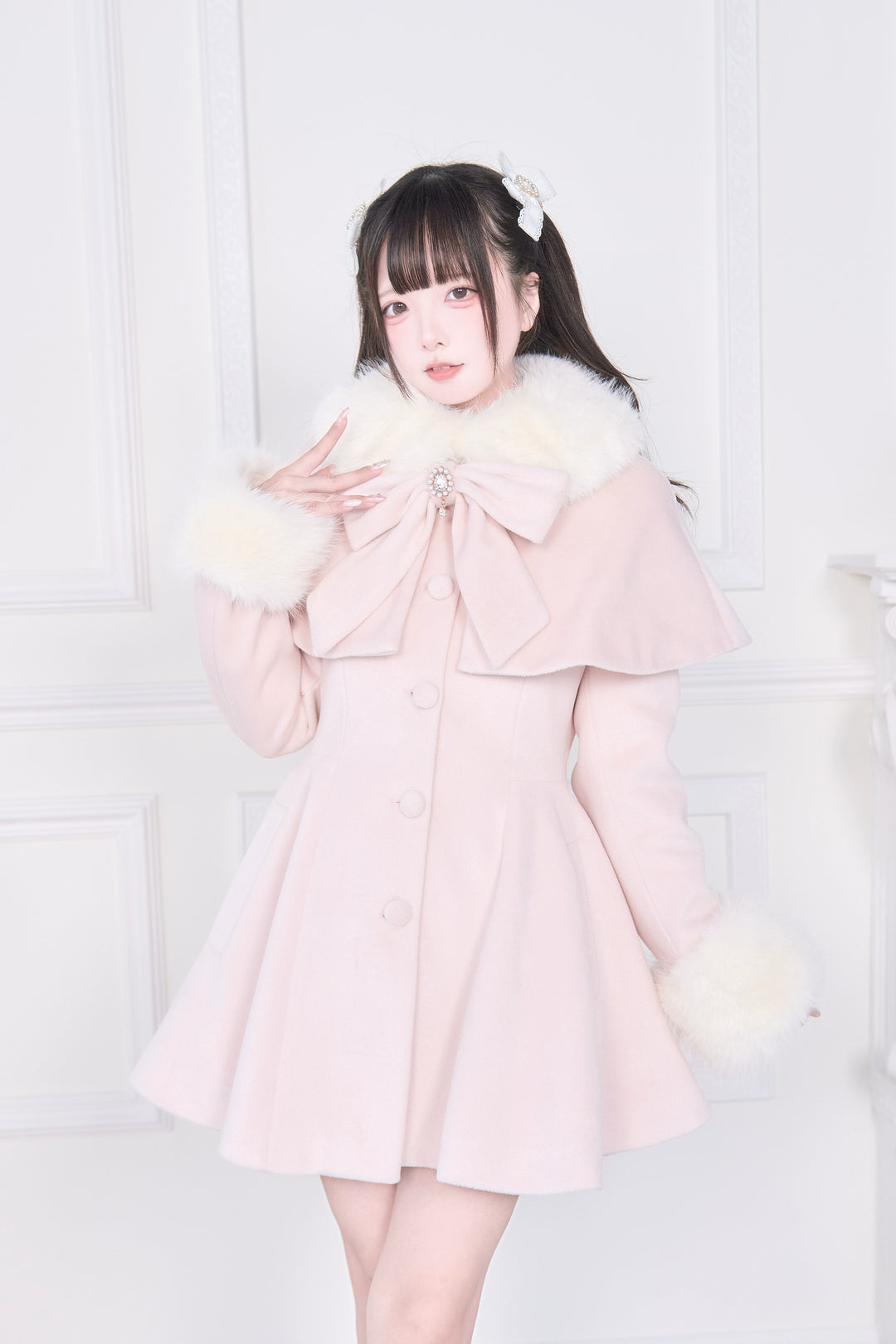 Ryousangata Winter Coat, Faux Fur, Detachable Bow & Cape (Pink / M S) 44066:794462