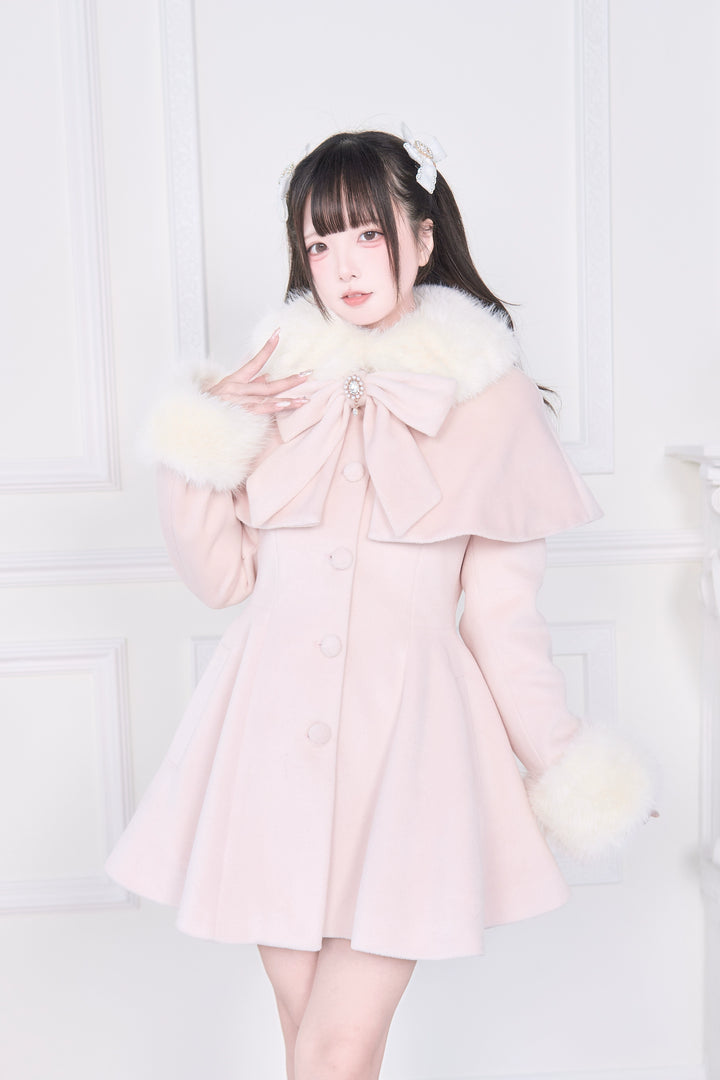 Ryousangata Winter Coat, Faux Fur, Detachable Bow & Cape (Pink / M S) 44066:794462
