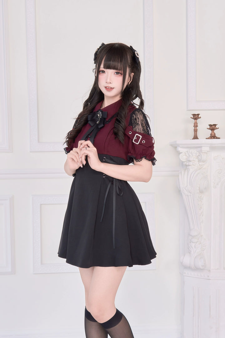 Lace Shoulder Jirai Kei Dress, Pleated Skirt 43534:779086