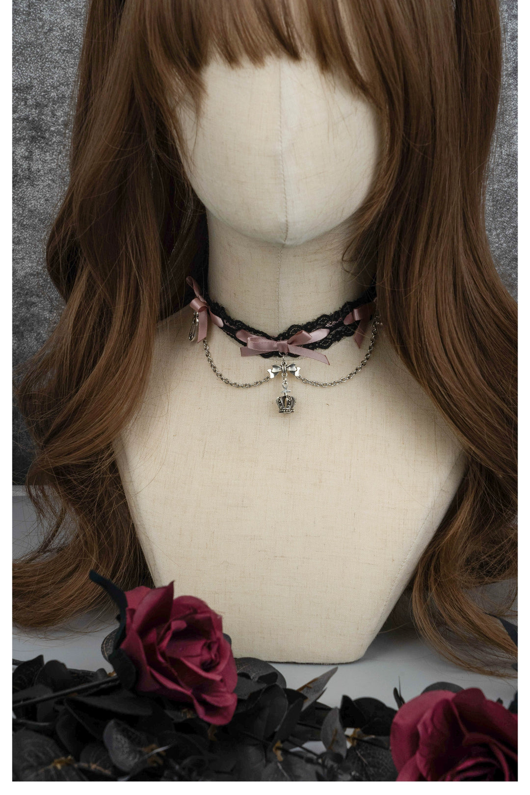 Jirai Kei Black Pink Choker Lace Beaded Chain 21552:308820 21552:308820