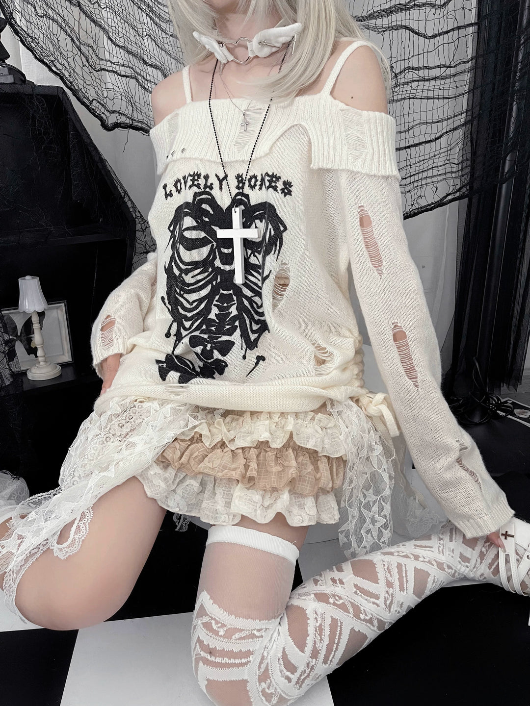 Y2K Sweater Butterfly Bone Off-Shoulder Top Subculture Shirt 38526:593176