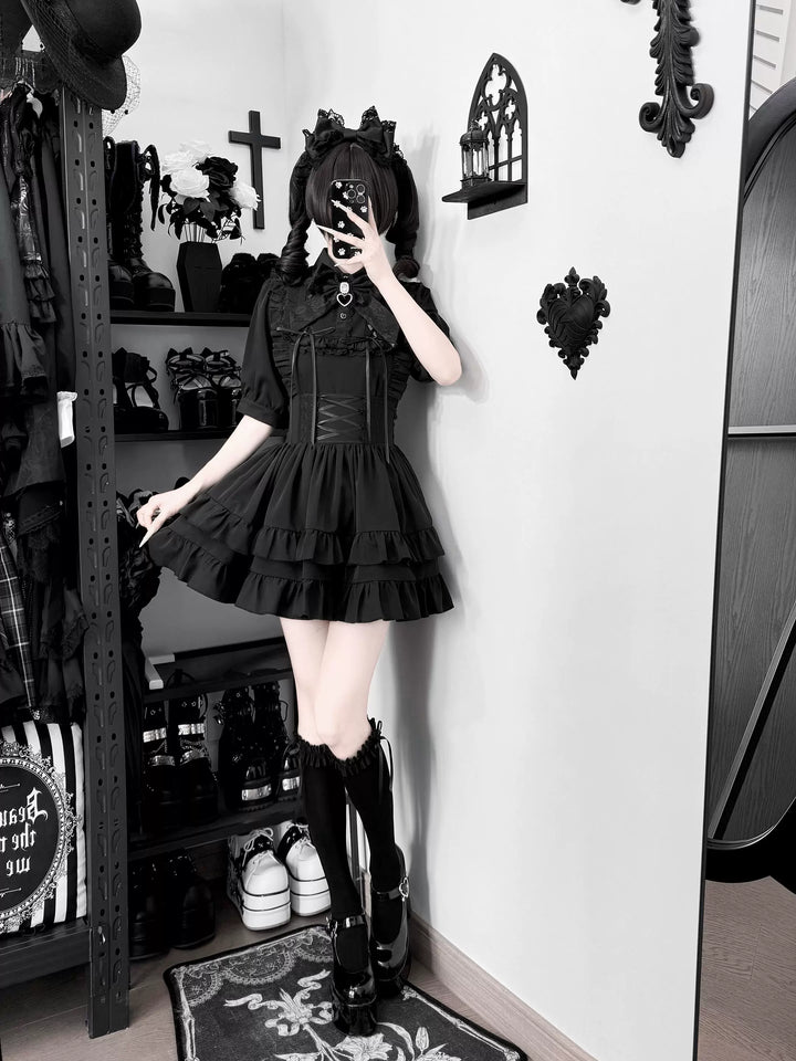 Black Jirai Kei Blouse & High Waist Skirt Set 45796:864024