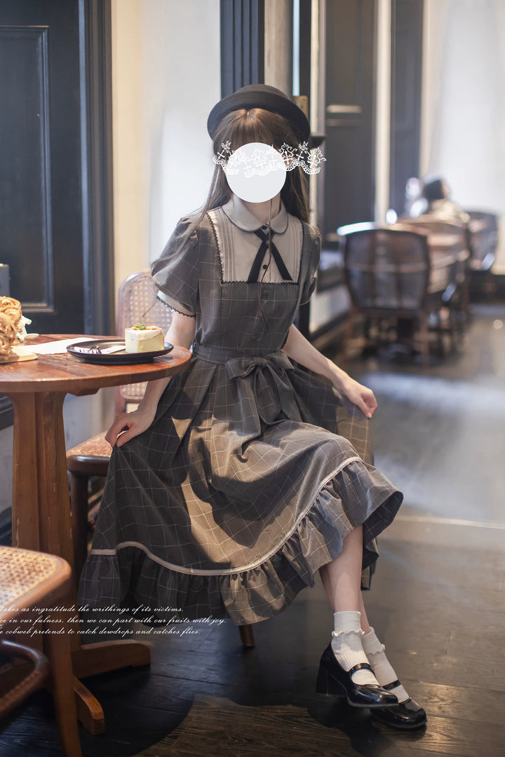 Elegant Grey Plaid Dress, Scalloped Trim & Puff Sleeves 45750:863114
