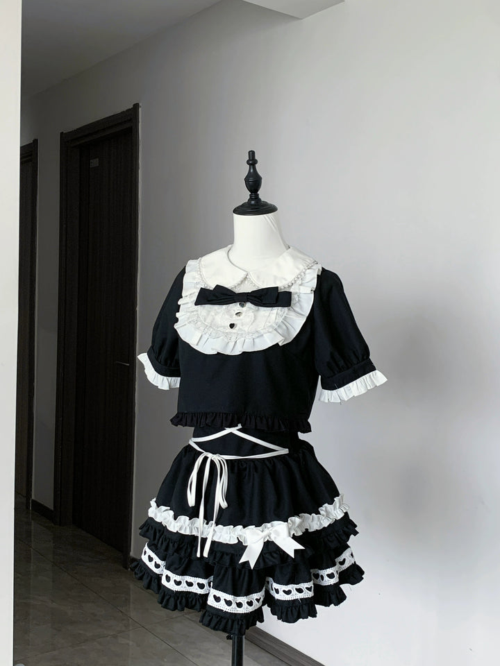 Jirai Kei Striped Blouse and Skirt Set, Pearl-trimmed Collar (L S) 45333:848631