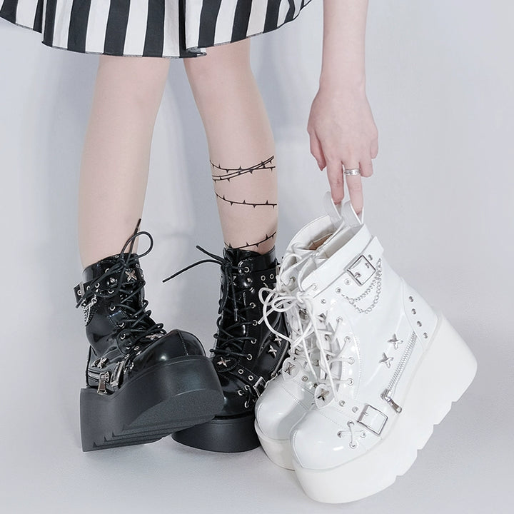 Punk Shoes Black White Platform Gyaru Fashion Combat Boots 29710:368868