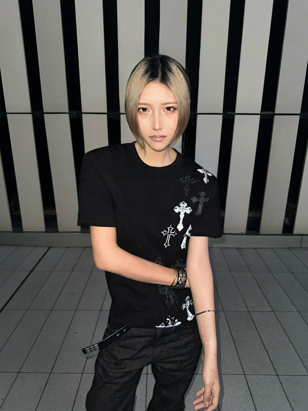 Cotton Subculture Cross Printed T-Shirt, Regular Shoulder 45696:859127