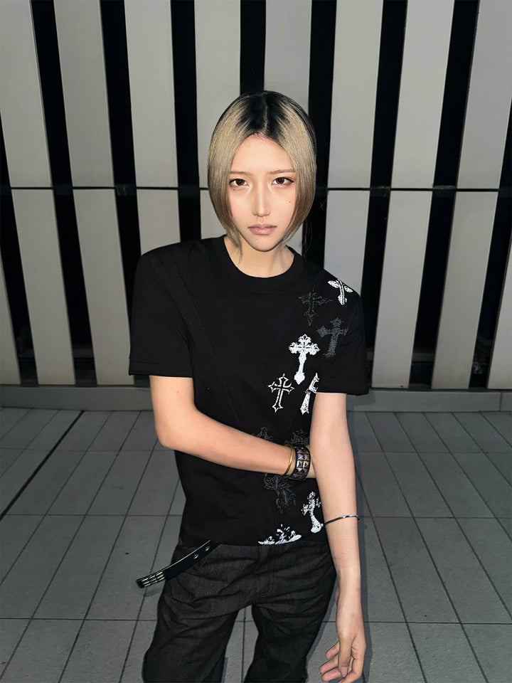 Cotton Subculture Cross Printed T-Shirt, Regular Shoulder 45696:859127