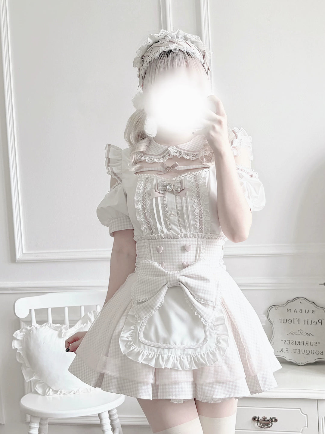Jirai Kei Gingham Maid Blouse and Skirt Set, Detachable Apron 45659:858686