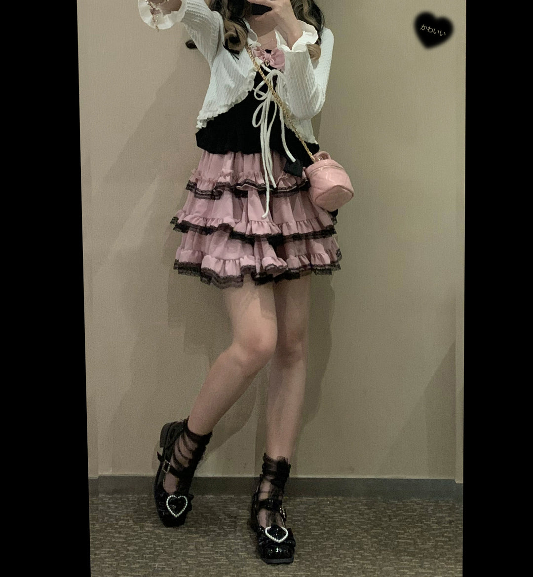 Jirai Kei Black And Pink Tiered Lace Skirt (Pink) 21798:318518 (Pink) 21798:318518