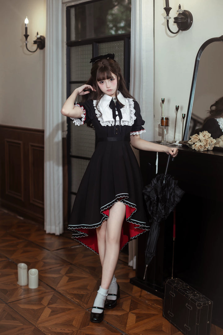 Gothic Style Lace Trim Dress, High-Low Hem 45334:848905