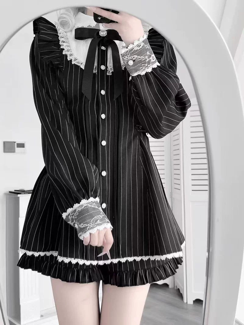 Jirai Kei Striped Dress, Lace Trim and Ruffles 45369:848104