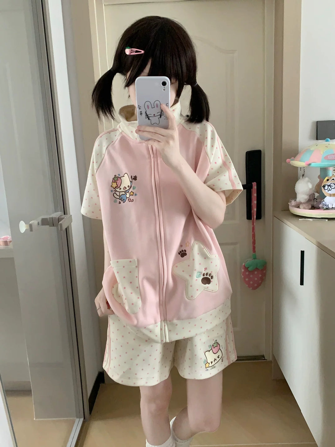 Kawaii Jacket and Shorts Set, Star & Cat Embroidery 45640:857453