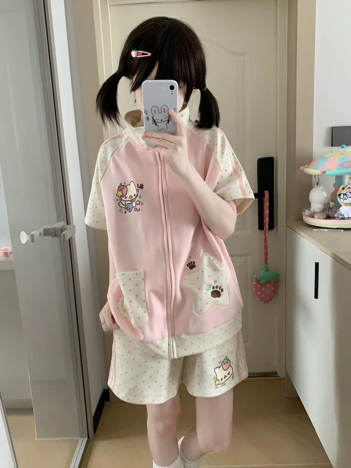 Kawaii Jacket and Shorts Set, Star & Cat Embroidery 45640:857453