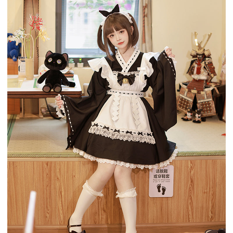 Kawaii Black Maid Blouse Flutter Sleeve Apron Suspender Skirt Set 42282:734783