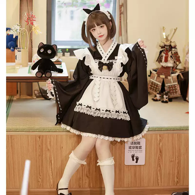 Kawaii Black Maid Blouse Flutter Sleeve Apron Suspender Skirt Set 42282:735154