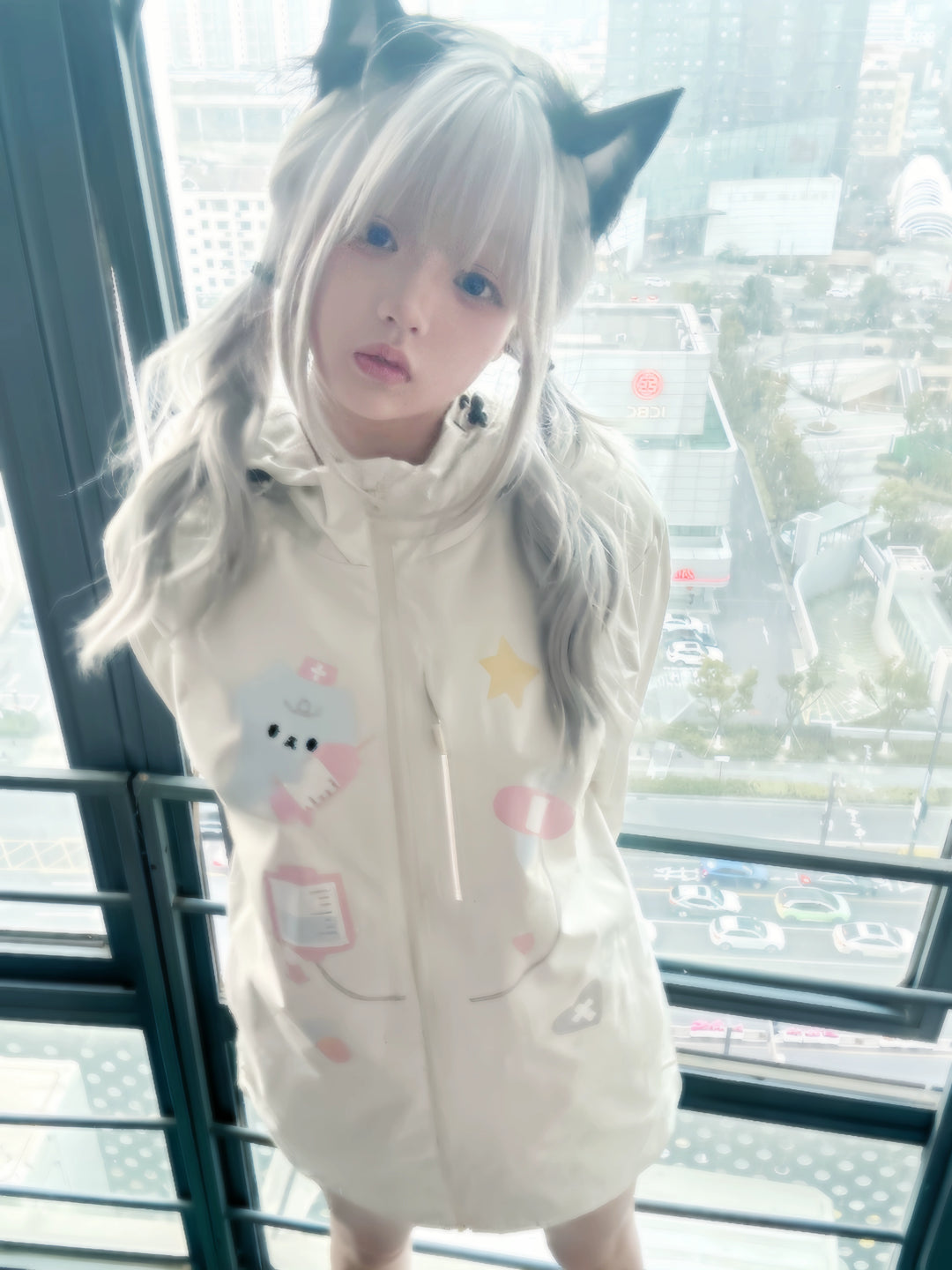 Kawaii Medical Coat Cat Print Coat Beige Hooded Top 38058:579260