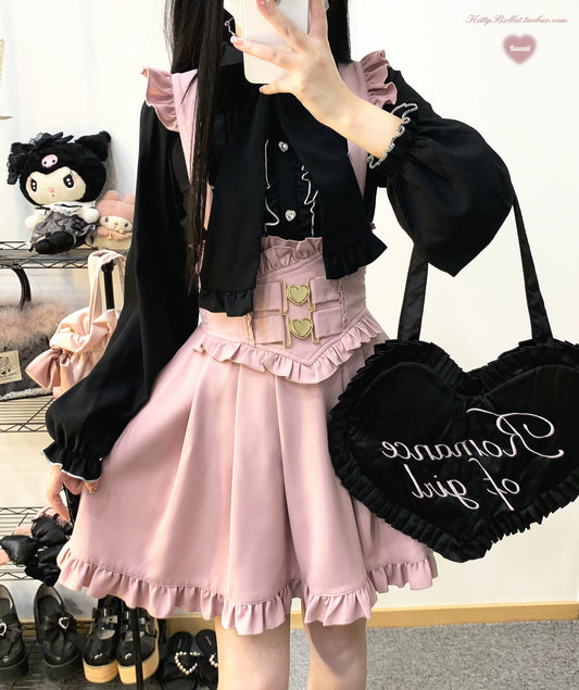 Jirai Kei White Black Blouse Lace Standing Collar Long Sleeved Shirt 31852:372668
