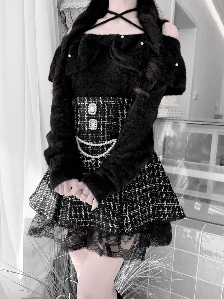 Jirai Kei Open-Shoulder Sweater, Faux Mink Plush 44156:797406