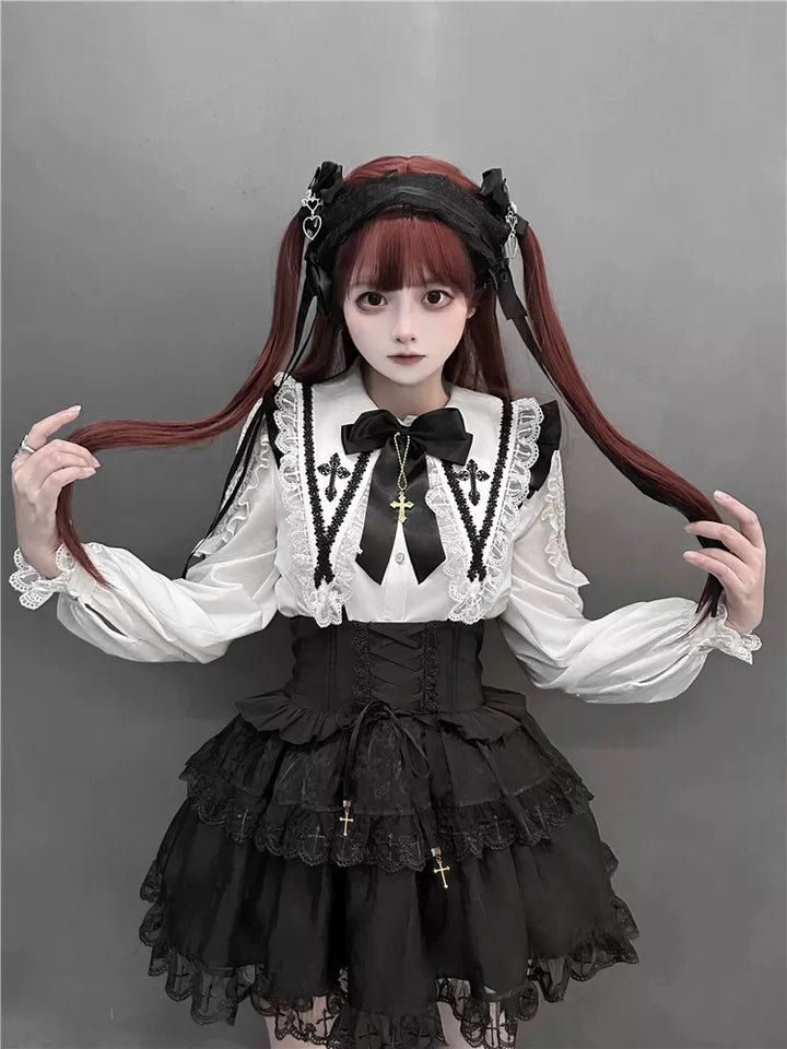 Jirai Kei Flutter Sleeve Suspender Skirt Set, Cross Pendants 45581:860448